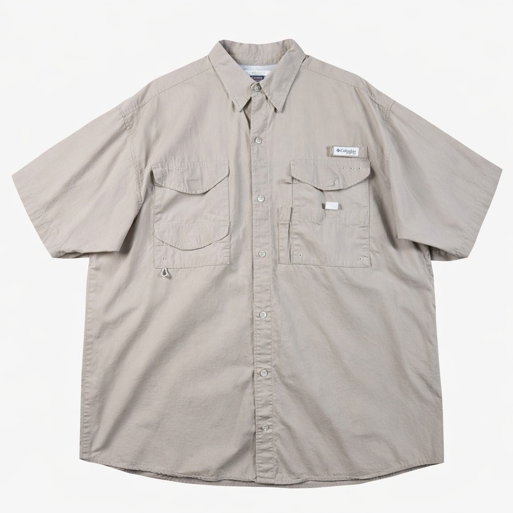 Columbia PFG Fishing Shirt Mens XL Khaki Short Sleeve Vented Outdoor Button Up